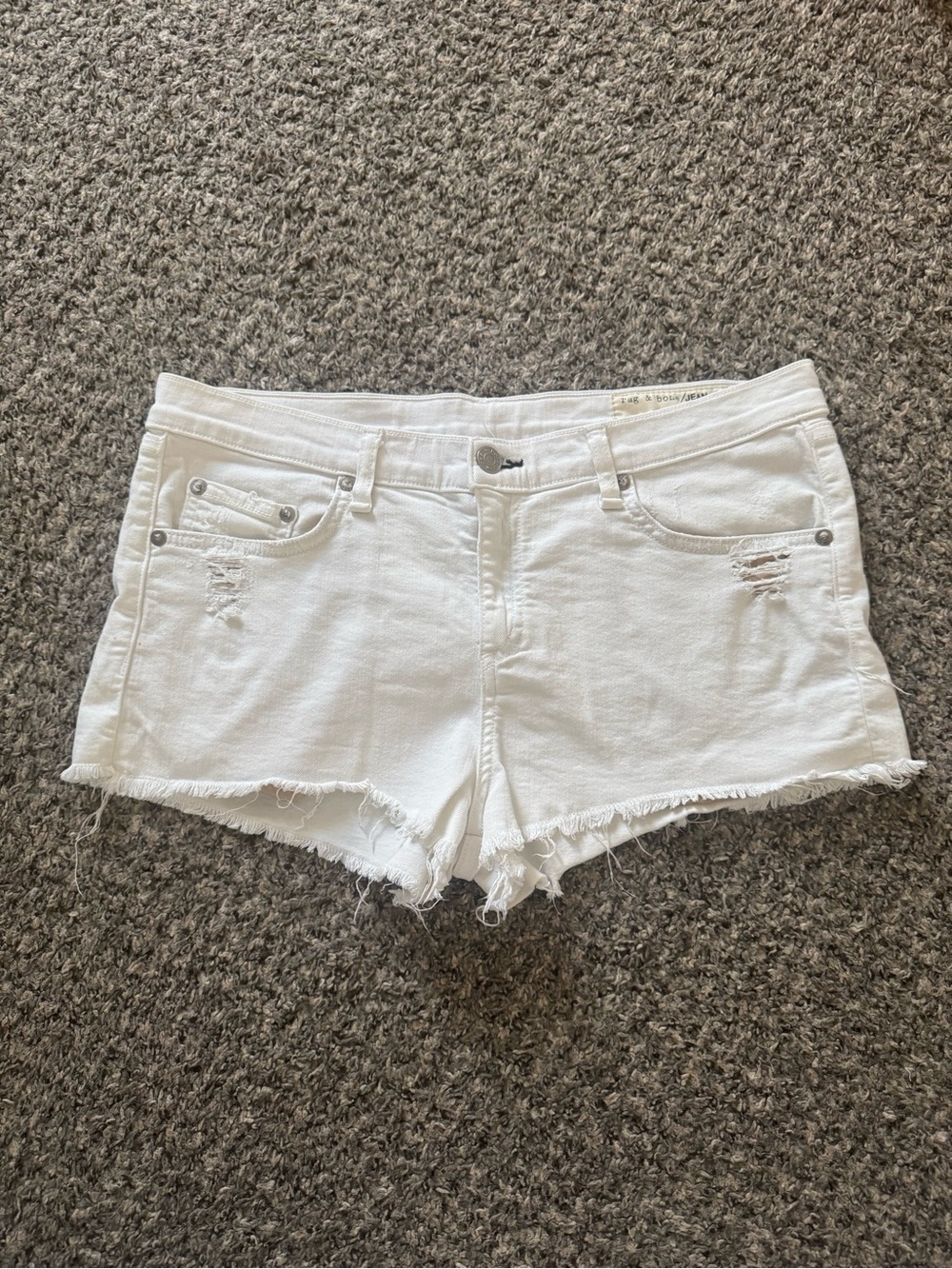 GUC, rag & bone White Frayed Hem Denim Shorts, Cotton Tencel Spandex